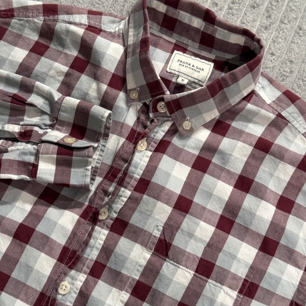 Frank & Oak Shirt Mens M Burgundy Gray Plaid Cotton Heritage Flannel Button Up